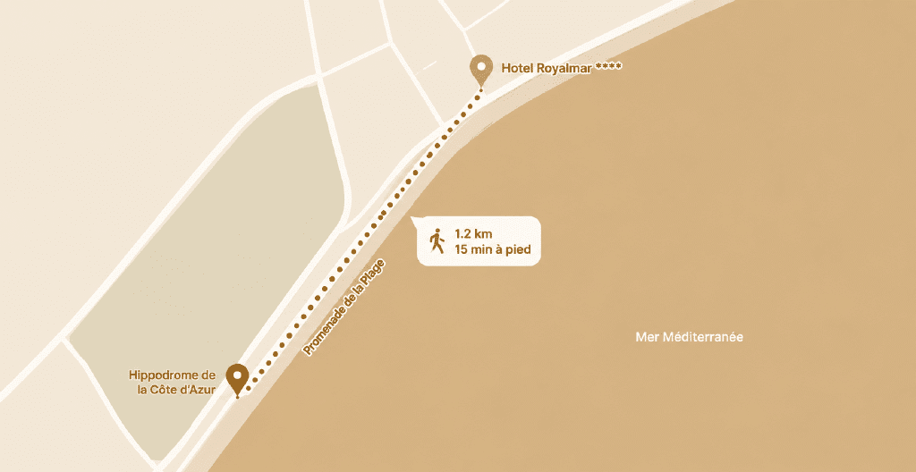 Trajet en 15 minutes à pied de l'Hôtel Royalmar à l'Hippodrome de la Côte d'Azur, en passant par la Promenade de la Plage à Cagnes-sur-Mer